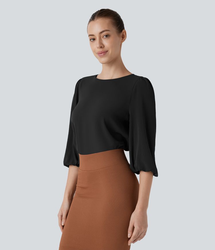 Boat Neck Keyhole Back Bishop Sleeve Work Linen-Feel Blouse