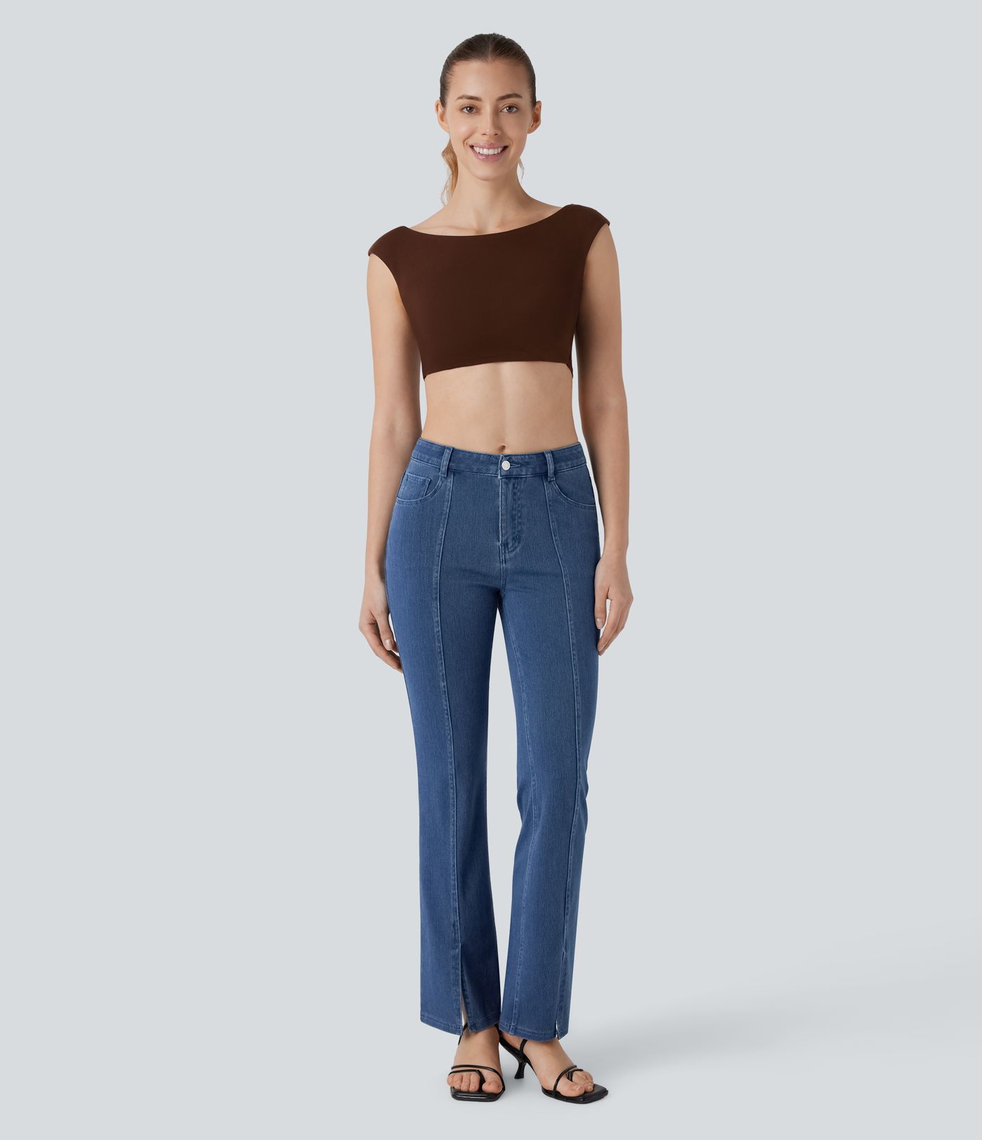 Halara Flex™ Mid Rise Multiple Pockets Split Washed Stretchy Knit Casual Bootcut Jeans