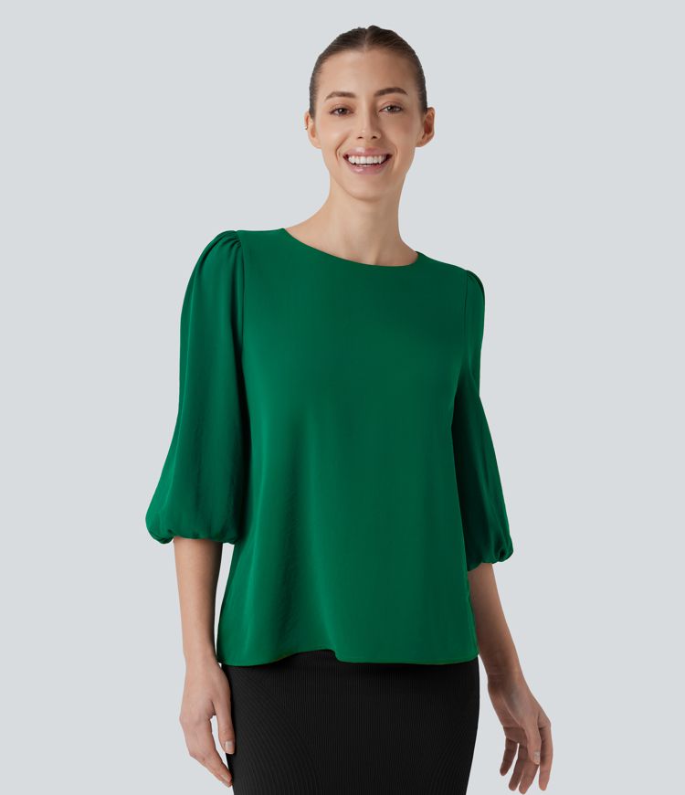 Arbeitsbluse mit U-Boot-Ausschnitt, Schlüsselloch Rücken und Bischofsärmeln