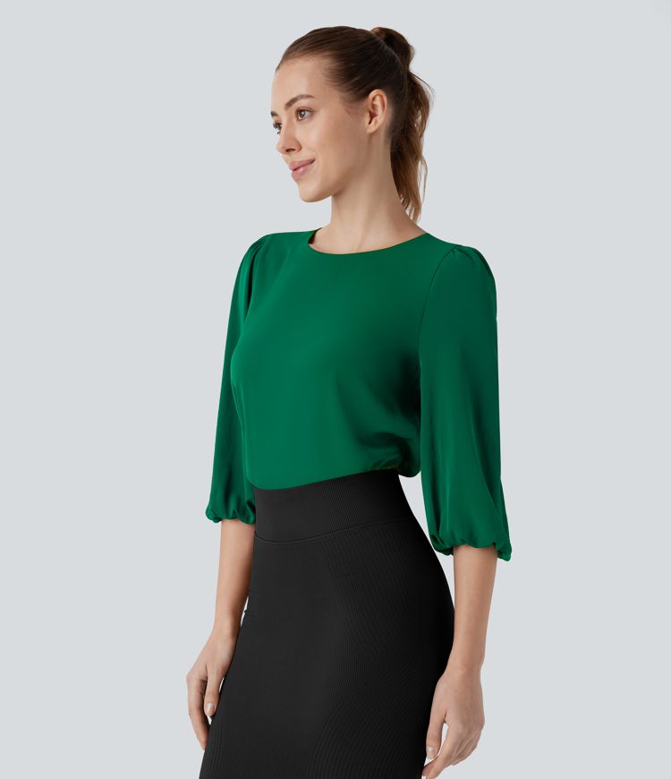 Boat Neck Keyhole Back Bishop Sleeve Work Blouse