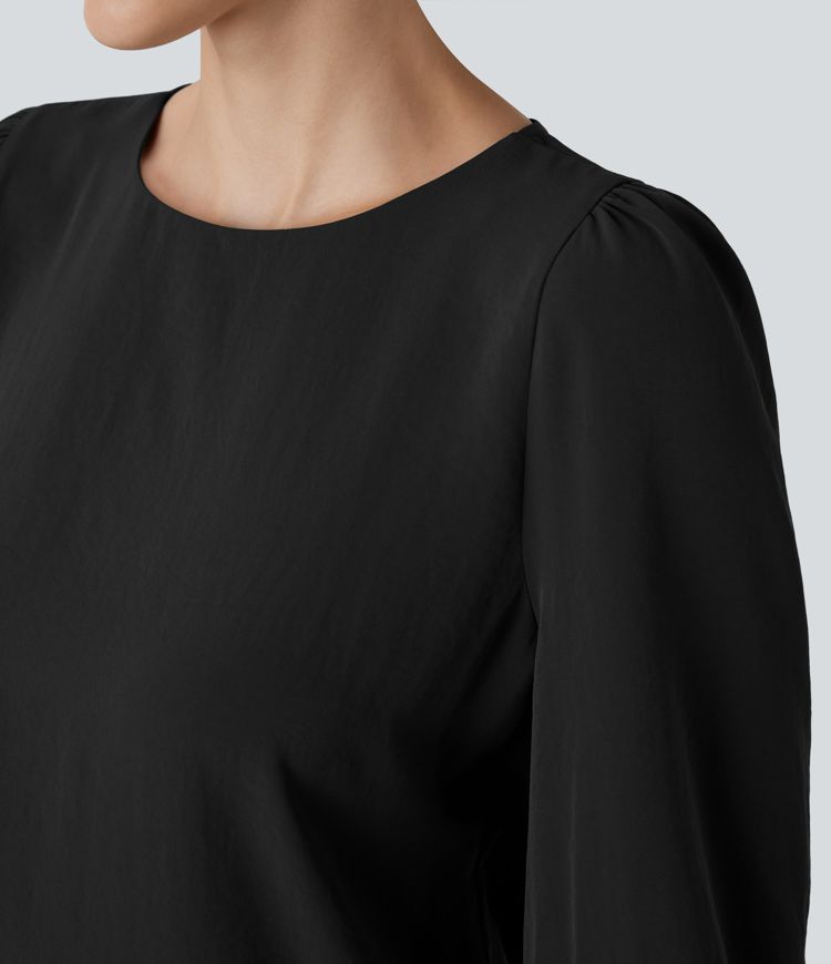 Boat Neck Keyhole Back Bishop Sleeve Work Linen-Feel Blouse