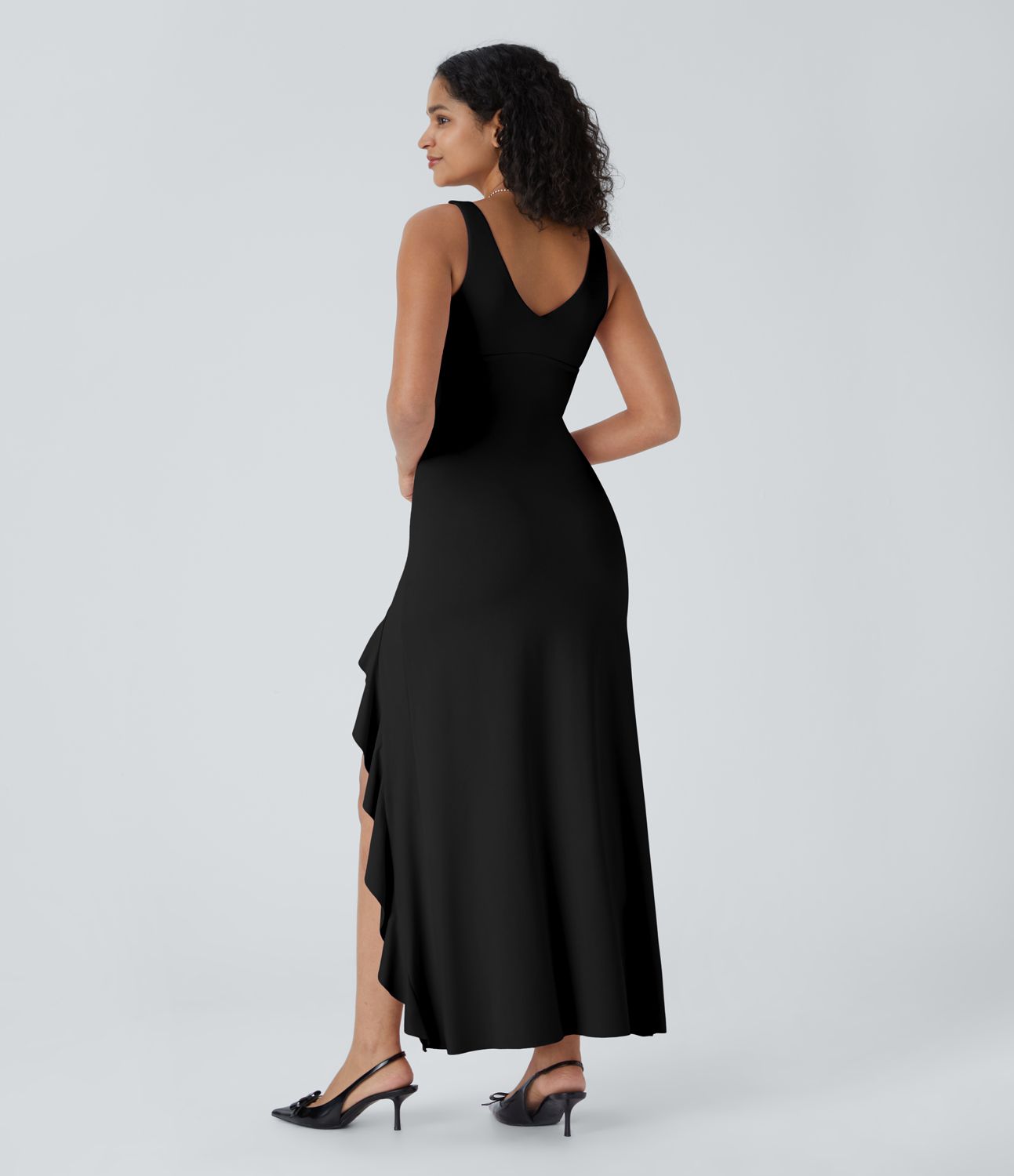 V-neck sleeveless asymmetrical frill split hem maxi party dress