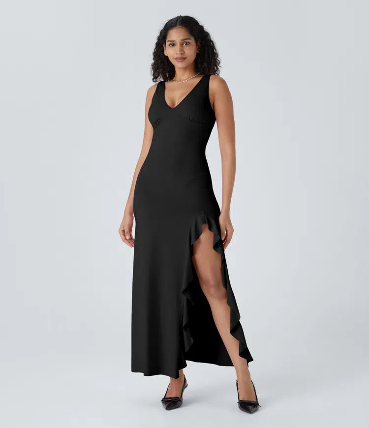 V-neck sleeveless asymmetrical ruffle split hem maxi party dress