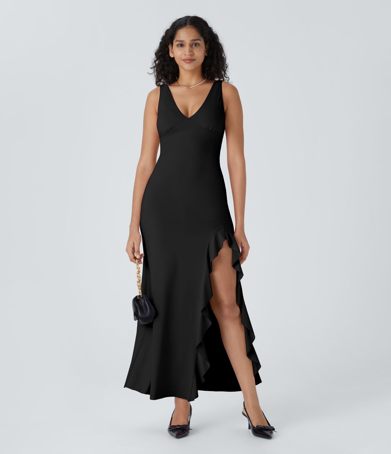 V-neck sleeveless asymmetrical frill split hem maxi party dress