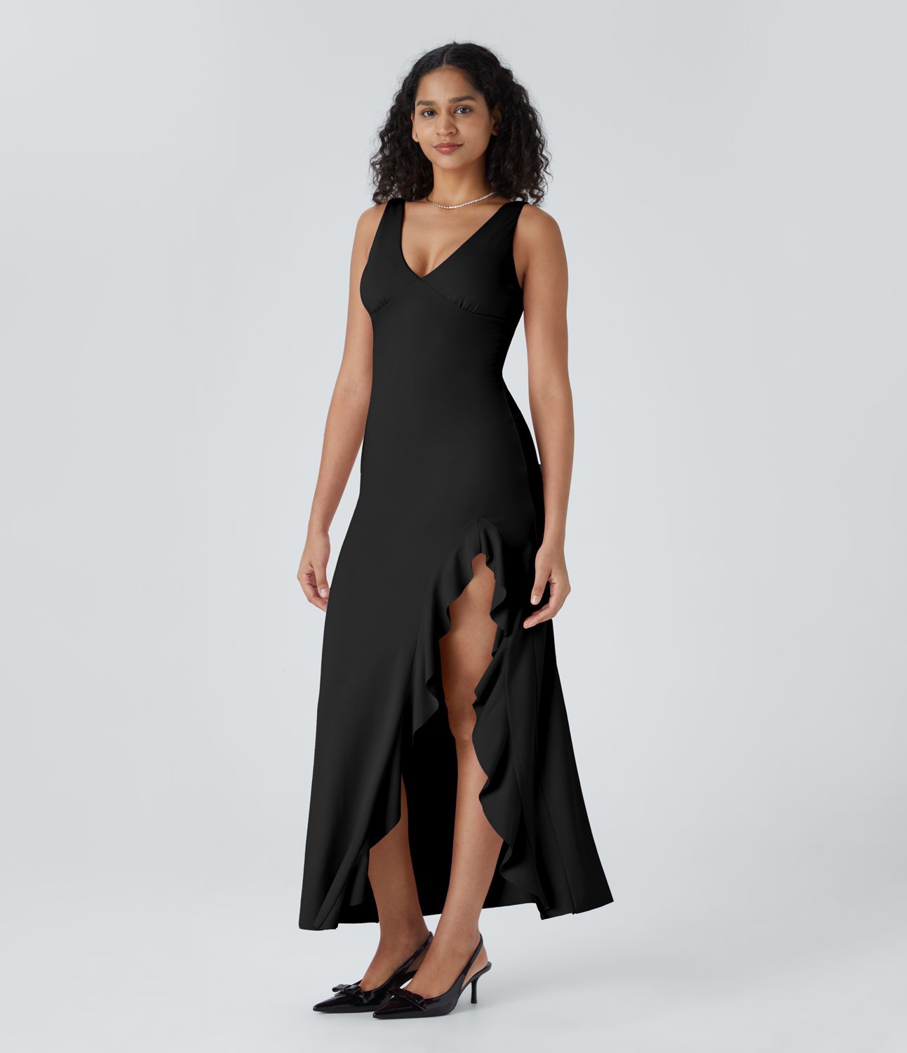 V-neck sleeveless asymmetrical frill split hem maxi party dress