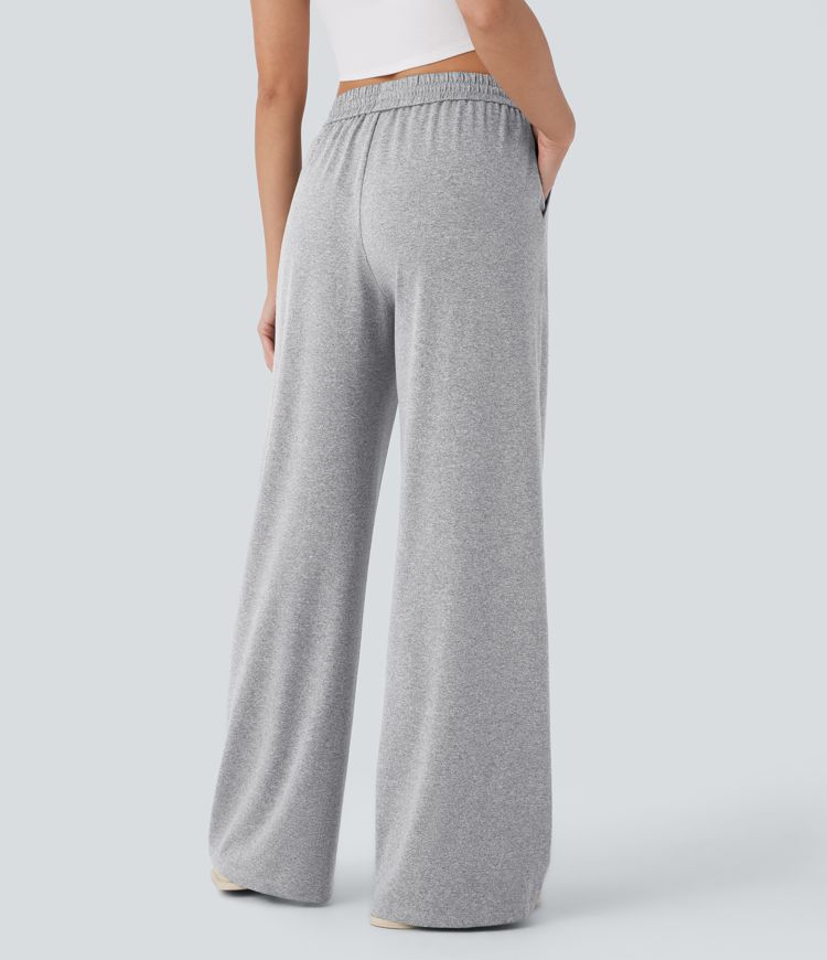 High Waisted Drawstring Side Pocket Wide Leg Casual Pants
