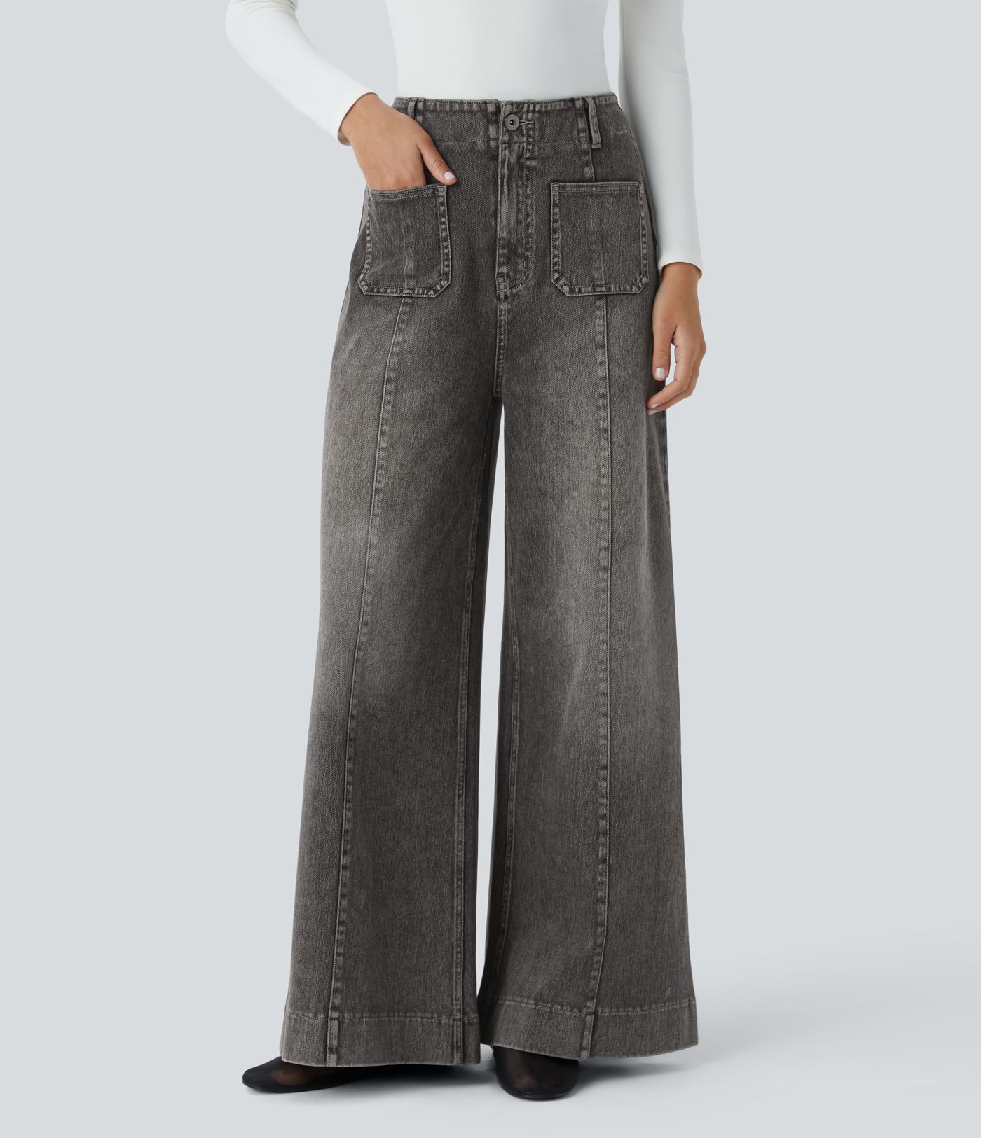 Halara Flex™ High Waisted Pockets Washed Casual Wide Leg Jeans