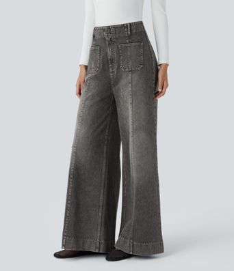 Halara Flex™ High Waisted Pockets Washed Casual Wide Leg Jeans