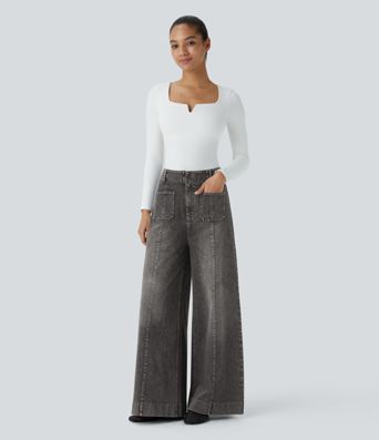 Halara Flex™ High Waisted Pockets Washed Casual Wide Leg Jeans