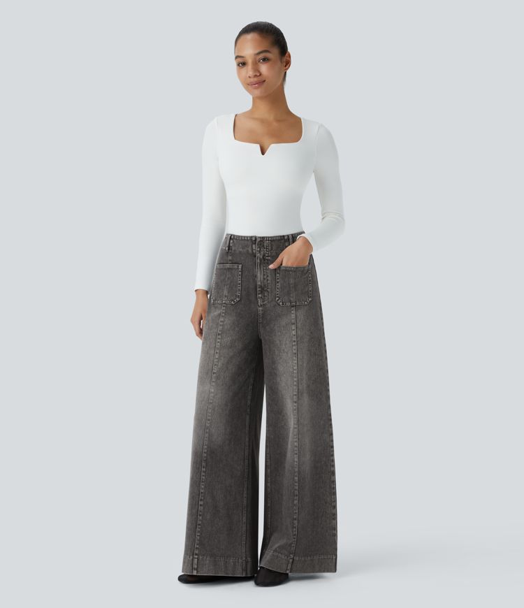 Halara Flex™ High Waisted Pockets Washed Casual Wide Leg Jeans