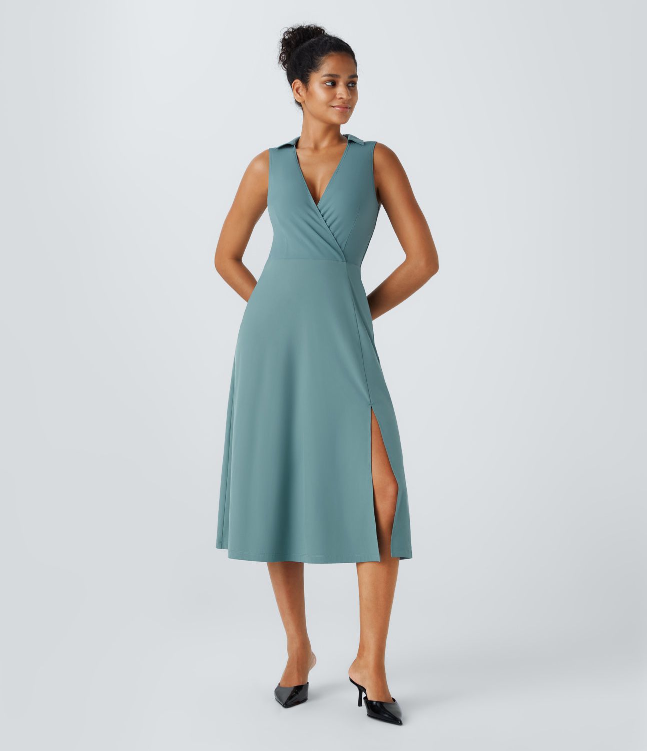Breezeful™ Kara V-Neck Sleeveless Invisible Zipper Split Quick Dry Midi Workwear Dress