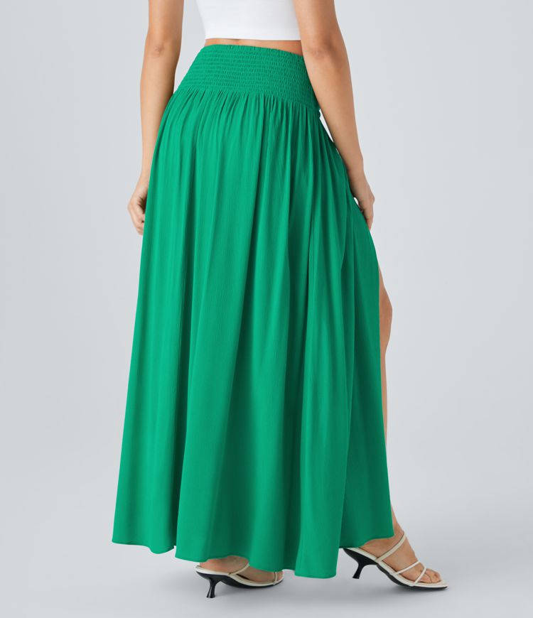High-waisted pleated split 2-in-1 flowy maxi linen-inspired casual skirt
