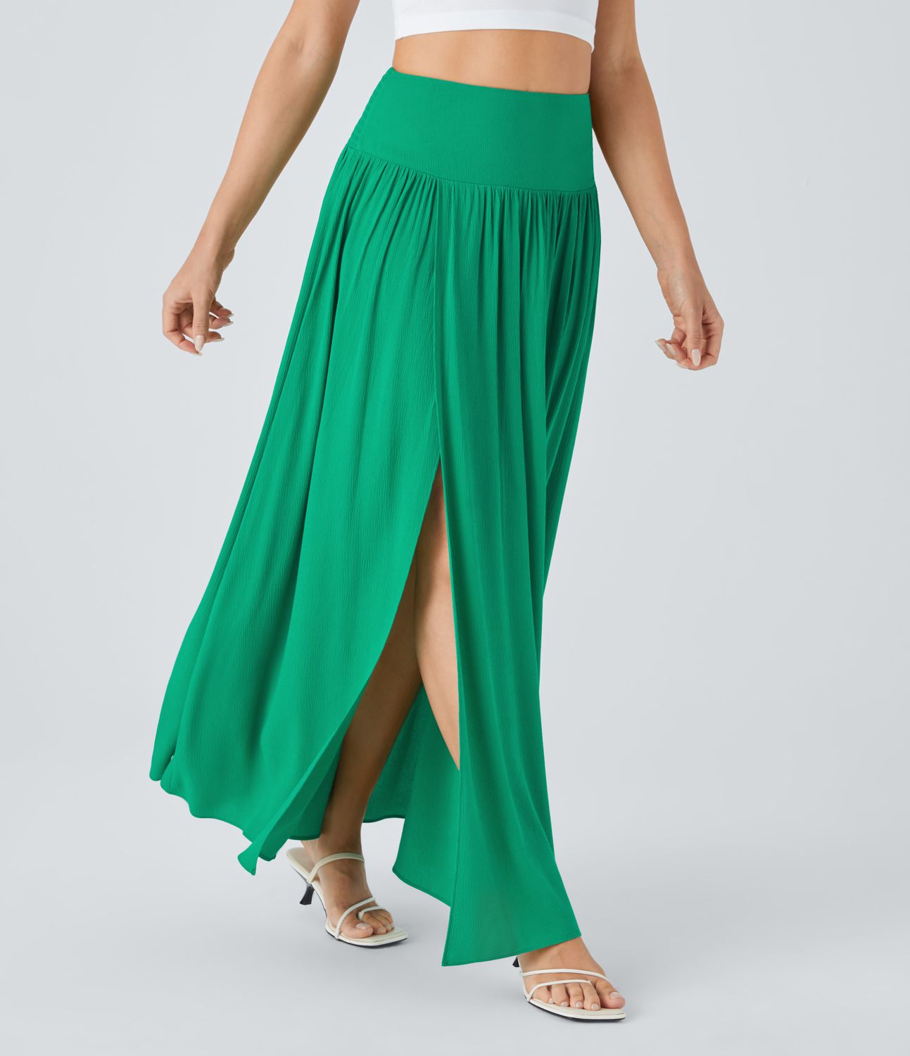 High-waisted pleated split 2-in-1 flowy maxi linen-inspired casual skirt