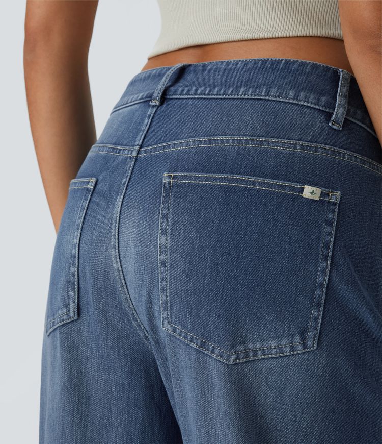Jeans Baggy Halara Flex™ Denim mom holgado elástico lavado múltiple bolsillo cremallera cruzada tiro medio