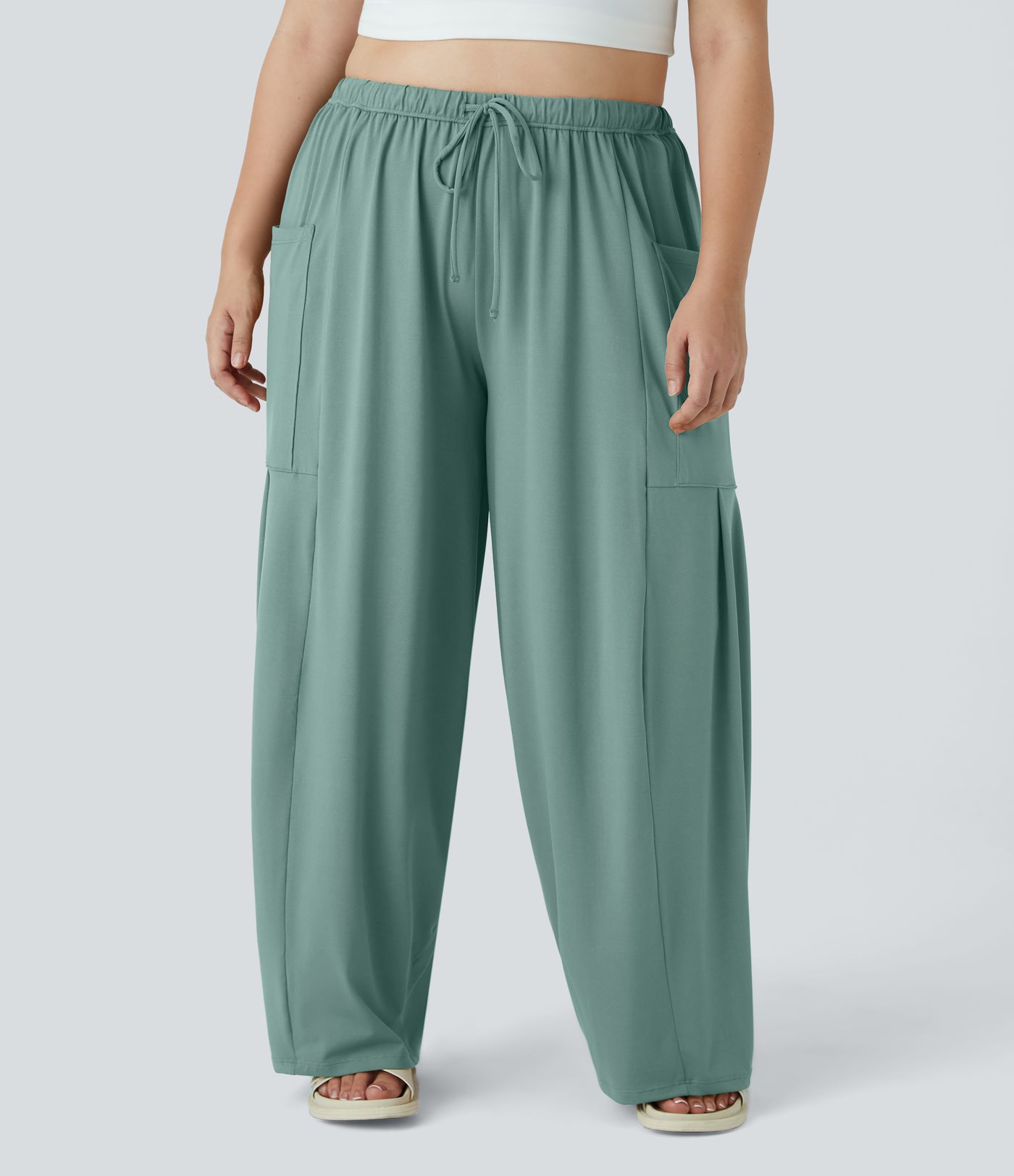 Plus-Size, fließende, lässige Palazzo-Hose mit mittelhohem, elastischem Bund, Kordelzug, Seitentaschen und weitem Bein