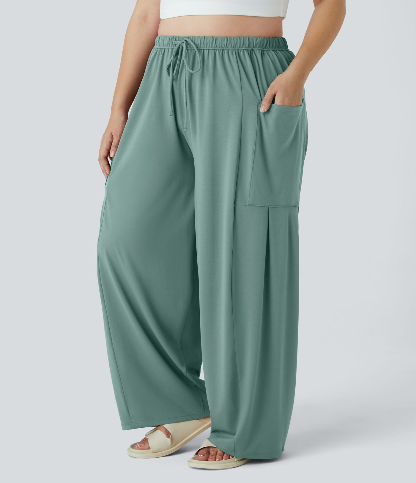 Plus-Size, fließende, lässige Palazzo-Hose mit mittelhohem, elastischem Bund, Kordelzug, Seitentaschen und weitem Bein