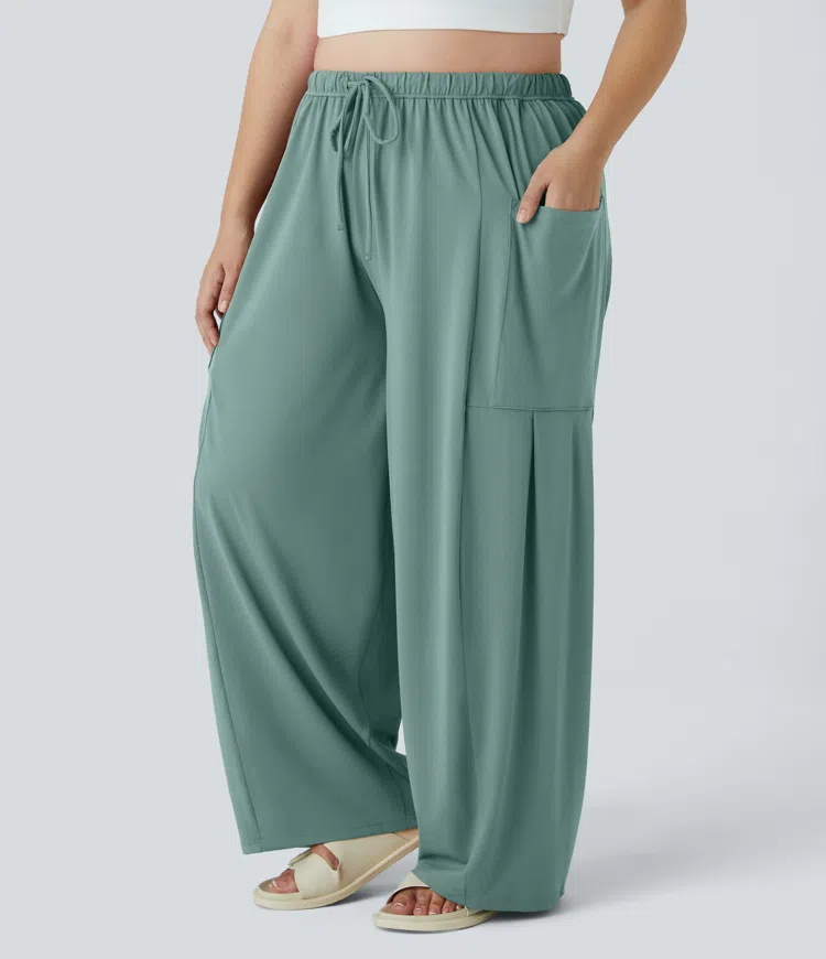 Mid Rise Elastic Waistband Drawstring Pocket Palazzo Flowy Wide Leg Casual Plus Size Pants
