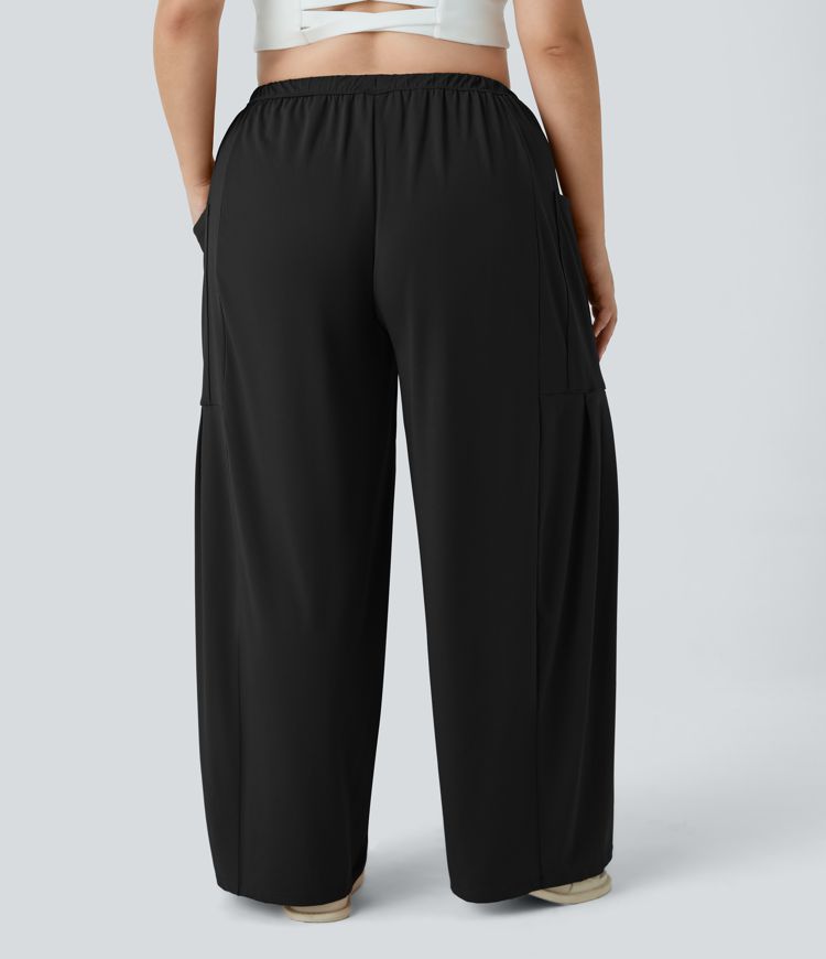 Mid Rise Elastic Waistband Drawstring Side Pocket Palazzo Flowy Wide Leg Casual Plus Size Pants