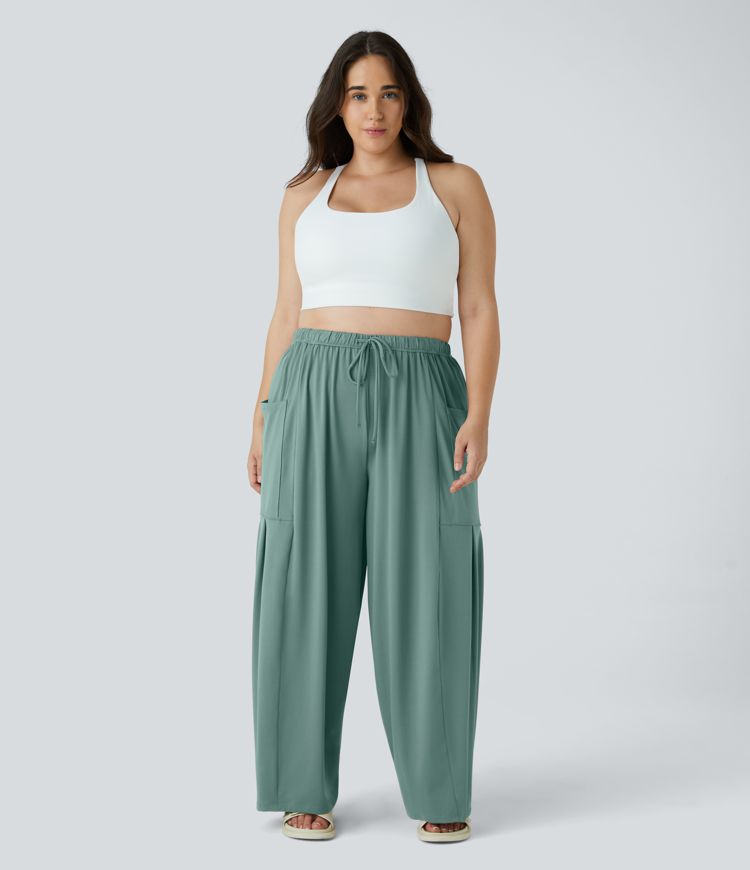 Plus-Size, fließende, lässige Palazzo-Hose mit mittelhohem, elastischem Bund, Kordelzug, Seitentaschen und weitem Bein