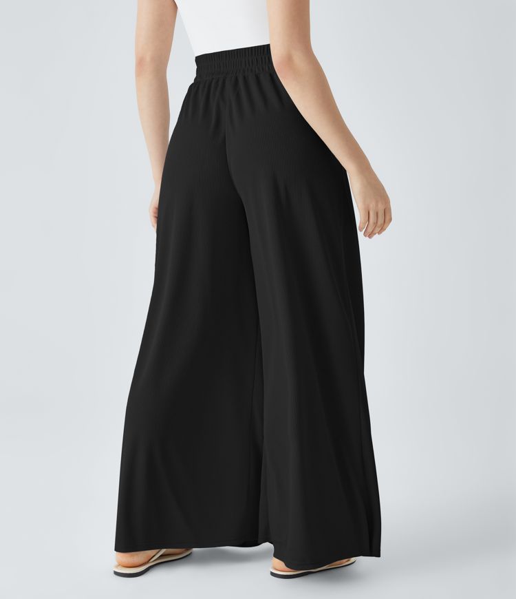 High Waisted Pleated Side Pocket Flowy Wide Leg Palazzo Waffle Casual Pants