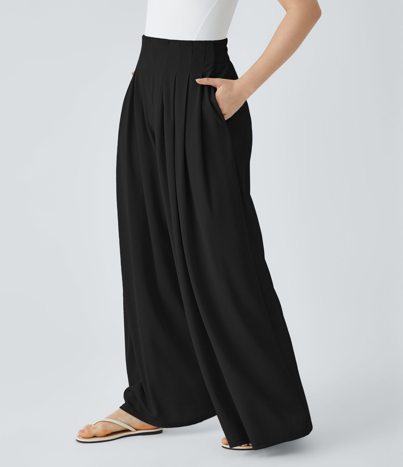 High Waisted Pleated Pocket Flowy Wide Leg Palazzo Waffle Casual Pants