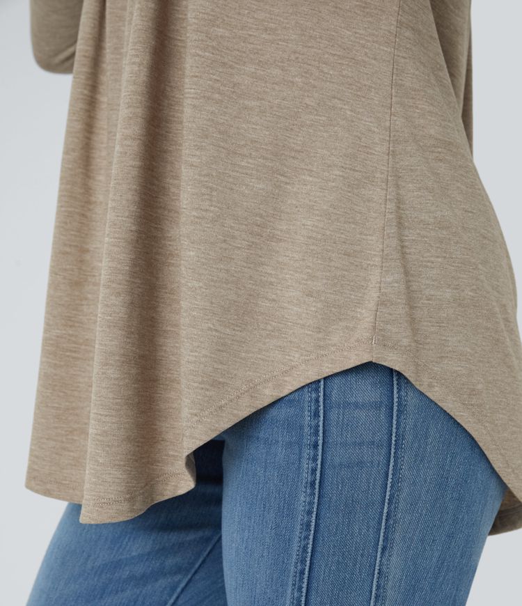 Round Neck Button Pleated Long Sleeve Curved Hem Casual Top