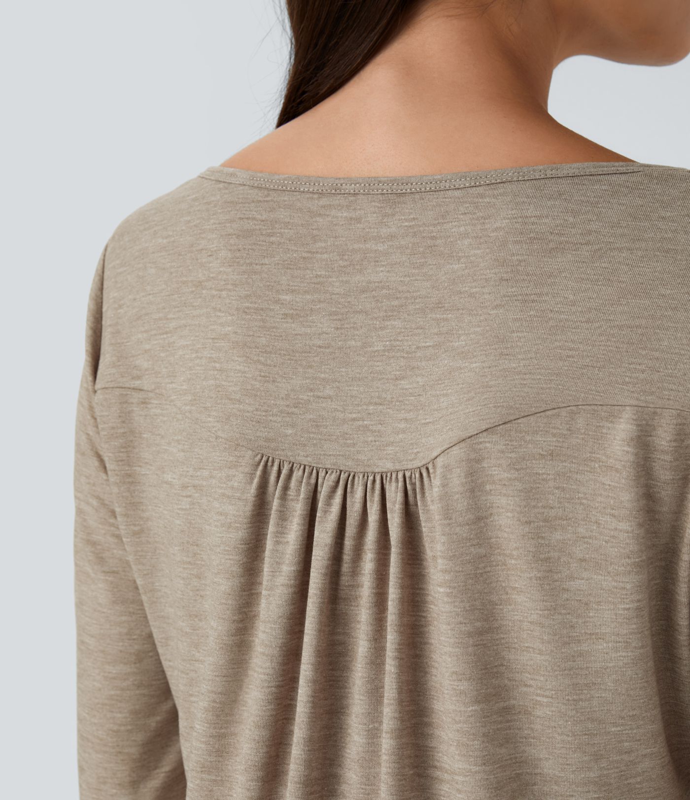 Round Neck Button Pleated Long Sleeve Curved Hem Casual Top