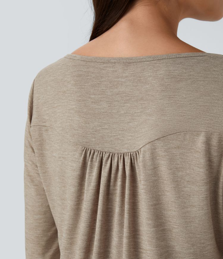 Round Neck Button Pleated Long Sleeve Curved Hem Casual Top