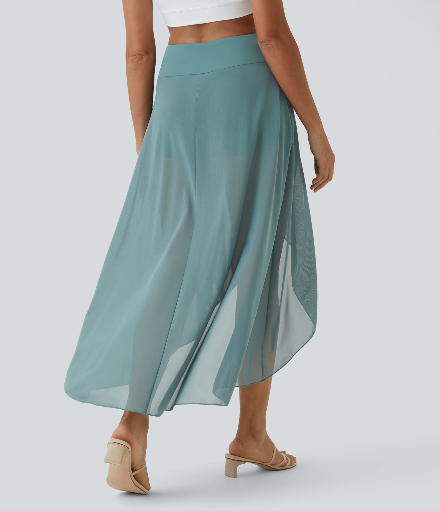 Falda larga regular malla acampanada bolsillo lateral 2 en 1 volante alto bajo tiro alto