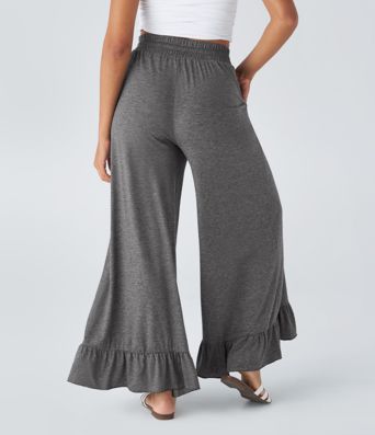 Pantalon taille haute ample en velours côtelé suédé, poches et volants