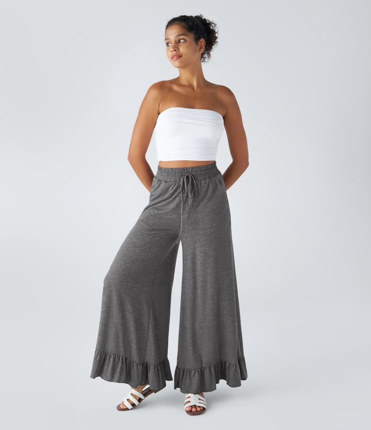 Pantalon taille haute ample en velours côtelé suédé, poches et volants