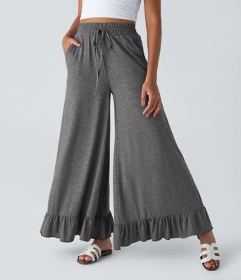 Pantalon taille haute ample en velours côtelé suédé, poches et volants