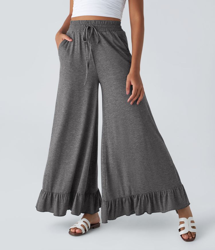 High Waisted Drawstring Side Pocket Ruffle Wide Leg Casual Pants