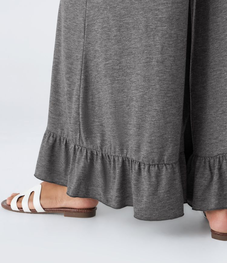 Pantalon taille haute ample en velours côtelé suédé, poches et volants