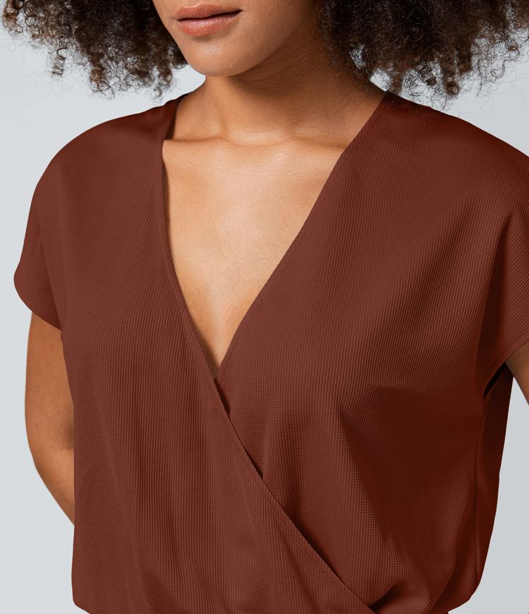V Neck Short Sleeve Plicated Side Pocket Wide Leg Flowy Waffle Casual Jumpsuit
