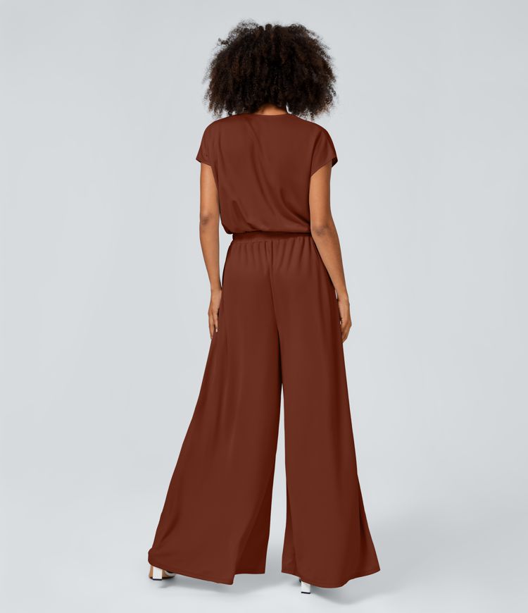 V Neck Short Sleeve Plicated Side Pocket Wide Leg Flowy Waffle Casual Jumpsuit