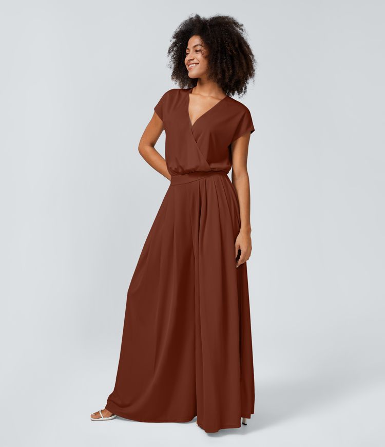 V Neck Short Sleeve Plicated Side Pocket Wide Leg Flowy Waffle Casual Jumpsuit