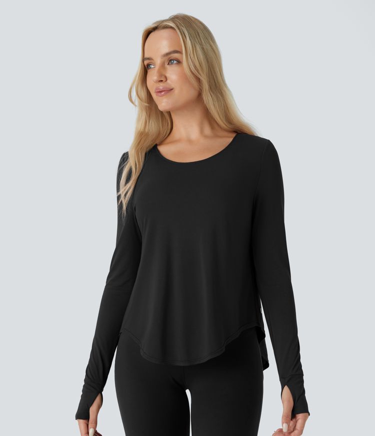 Backless Cowl Back Round Neck Thumb Hole Curved Hem Yoga Sports Top