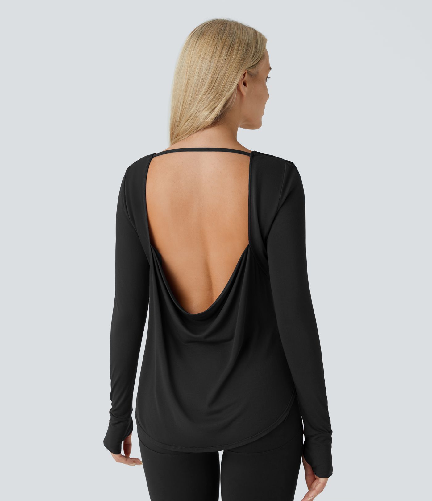 Cowl Back Round Neck Thumb Hole Curved Hem Yoga Sports Top