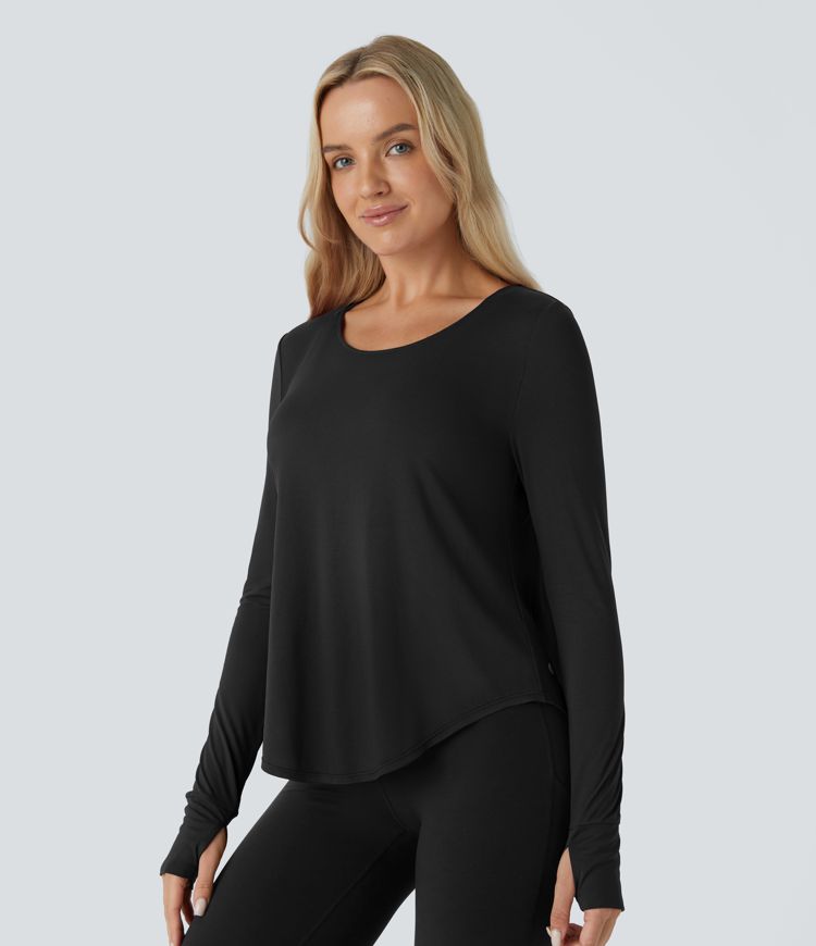Backless Cowl Back Round Neck Thumb Hole Curved Hem Yoga Sports Top