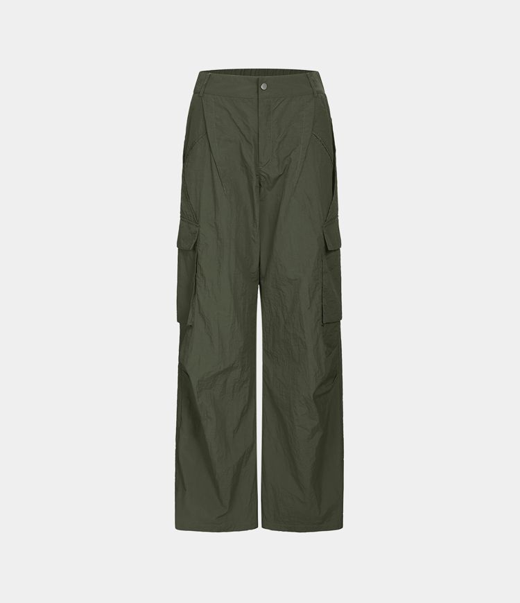 Pantalon cargo décontracté à taille moyenne, jambes larges, boutons, fermeture éclair et poches latérales