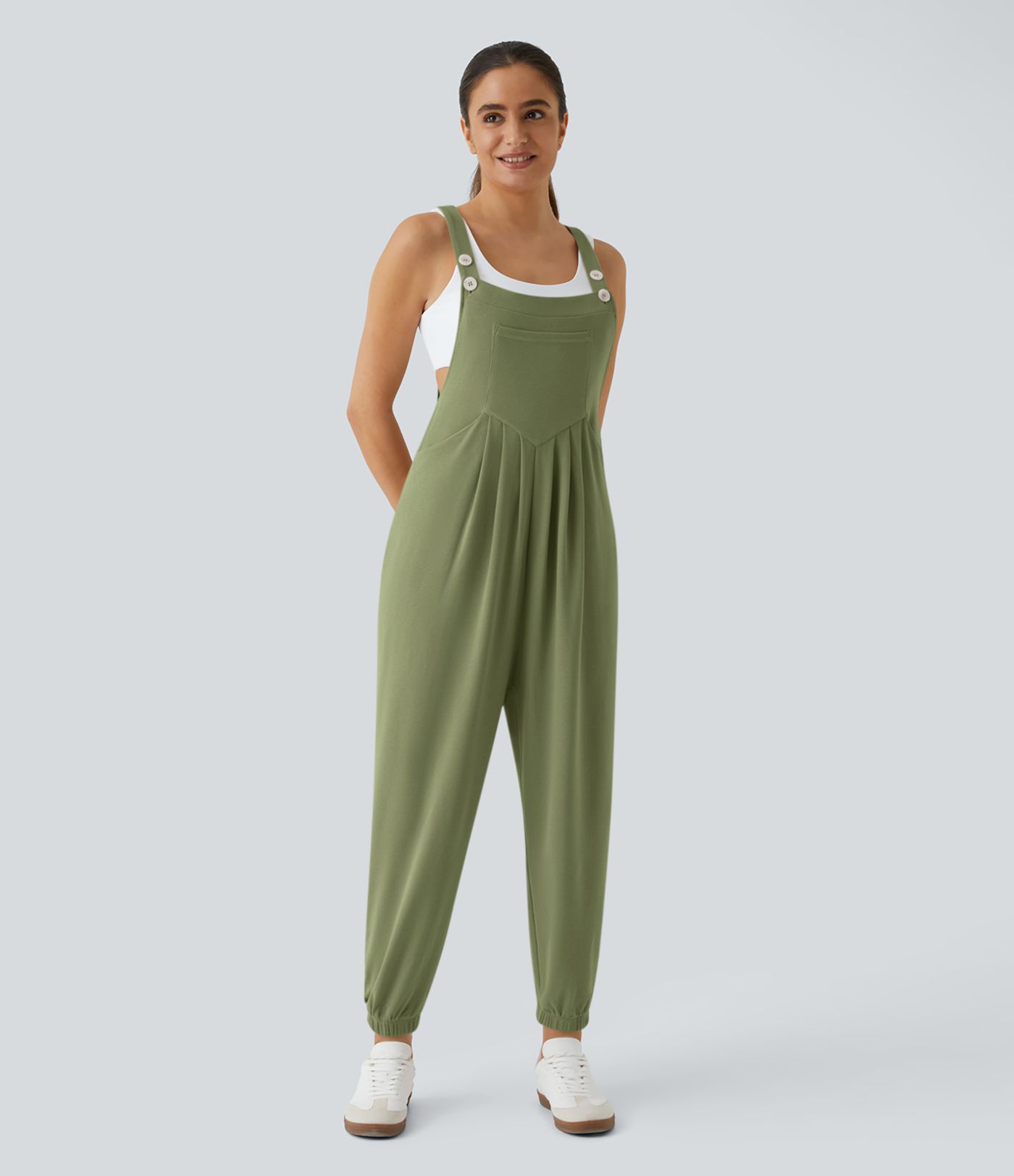 Jogger-Jumpsuit mit verstellbarem Gürtel und Knöpfen, mehreren Taschen und Waffelmuster