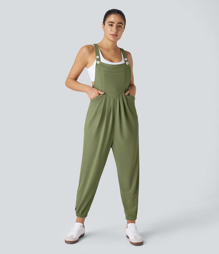 Jogger-Jumpsuit mit verstellbarem Gürtel und Knöpfen, mehreren Taschen und Waffelmuster