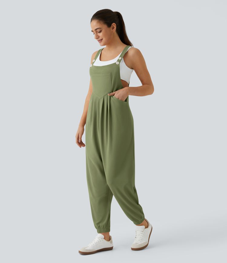 Jogger-Jumpsuit mit verstellbarem Gürtel und Knöpfen, mehreren Taschen und Waffelmuster