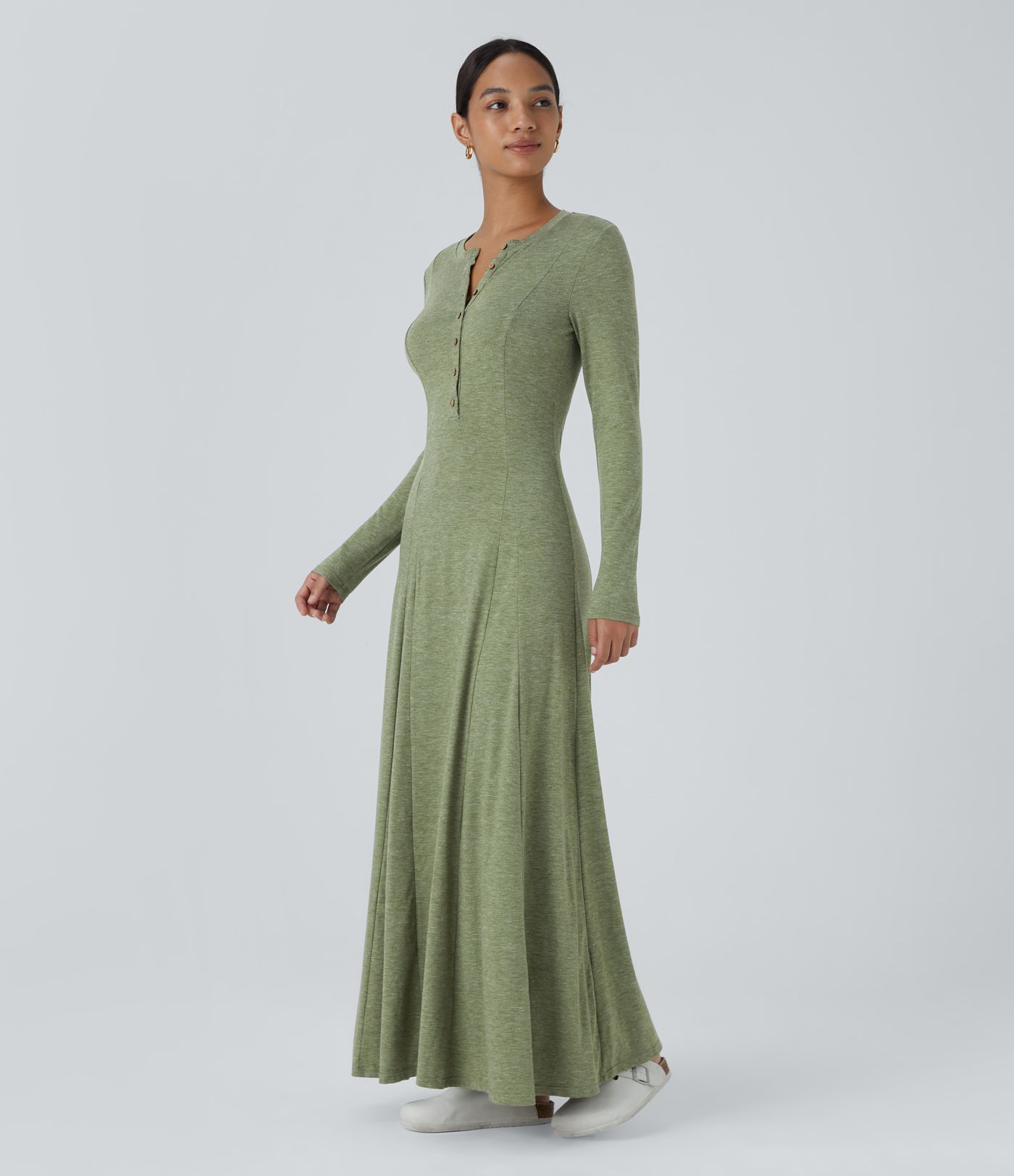 Henley Long Sleeve Flare Maxi Casual Dress