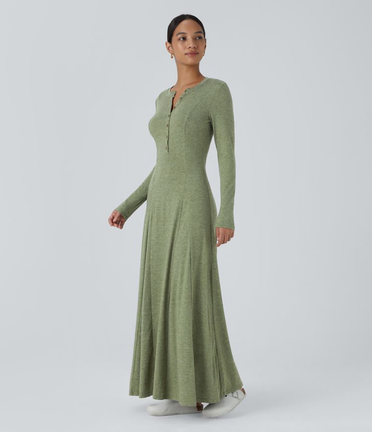 Robe Casual Maxi Manches Longues Évasées et Boutons au Col Rond