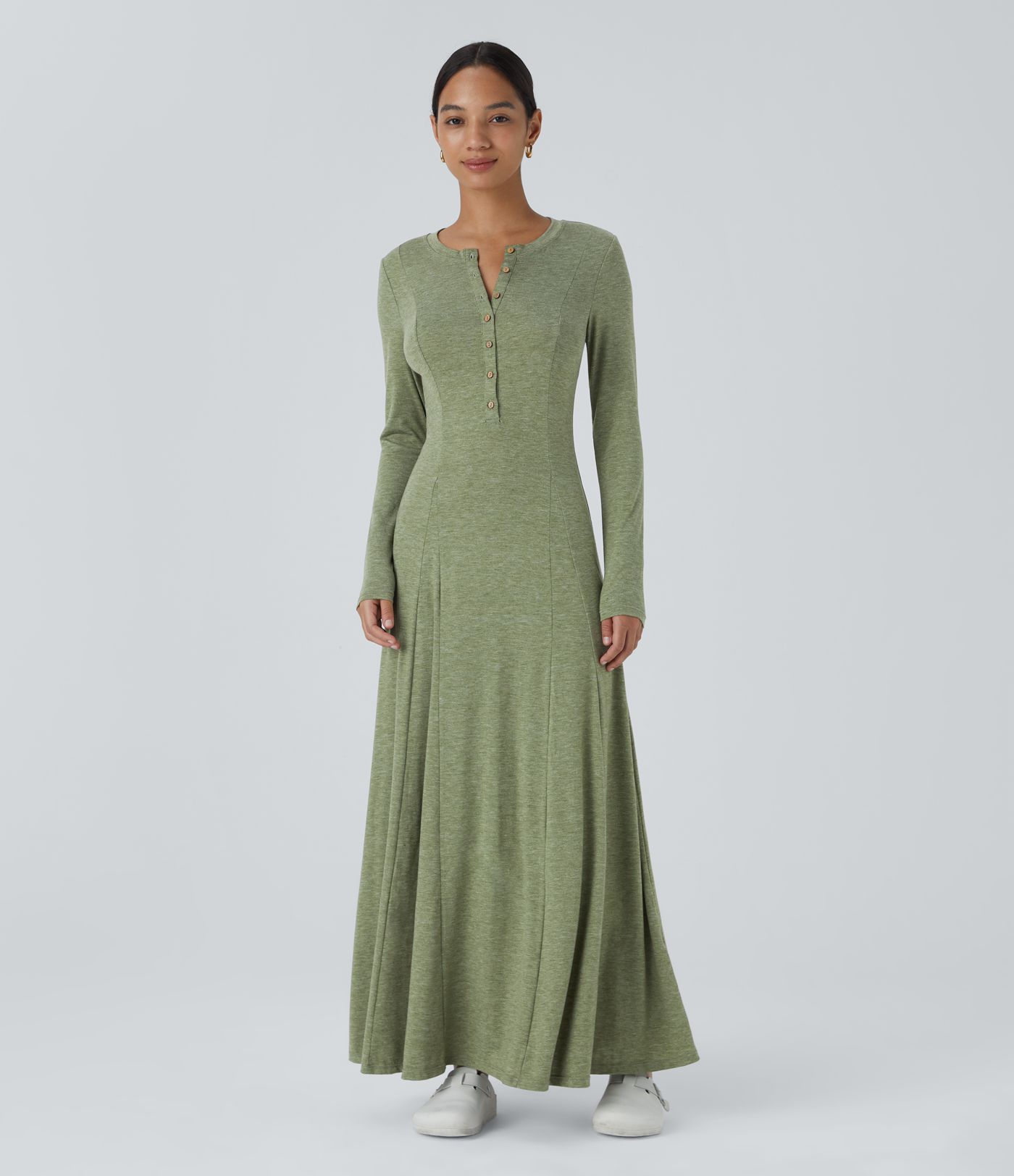 Henley Long Sleeve Flare Maxi Casual Dress