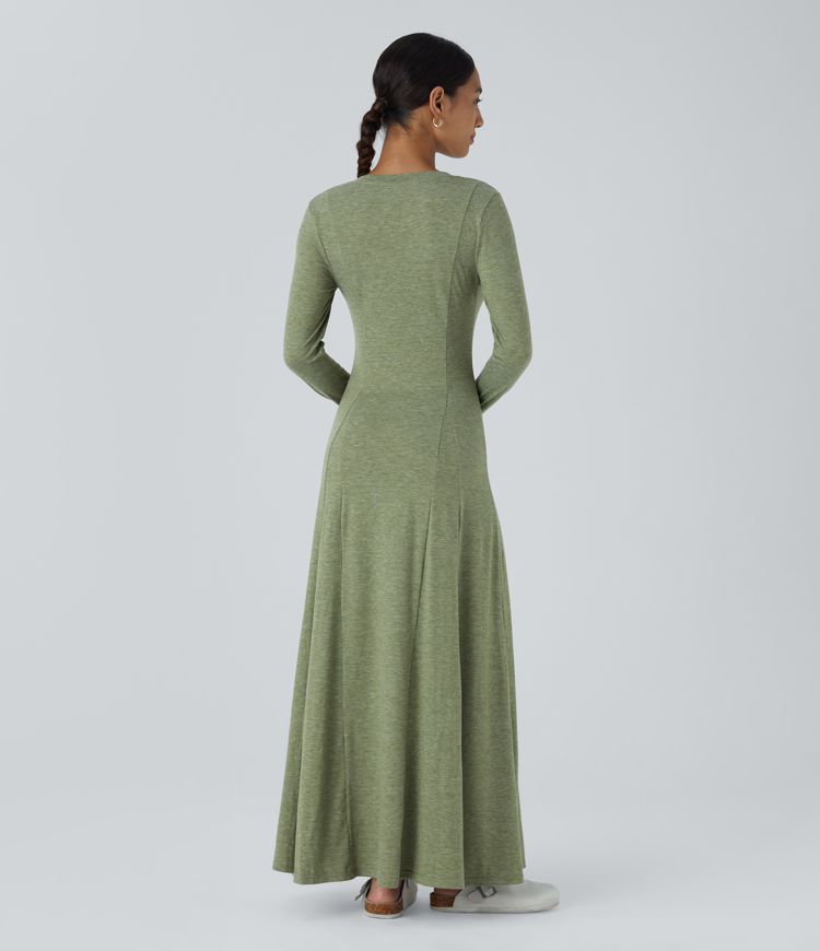 Henley Long Sleeve Flare Maxi Casual Dress