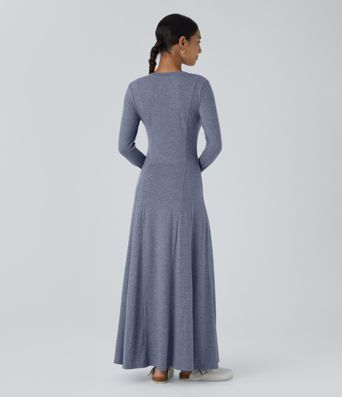 Henley Long Sleeve Flare Maxi Casual Dress