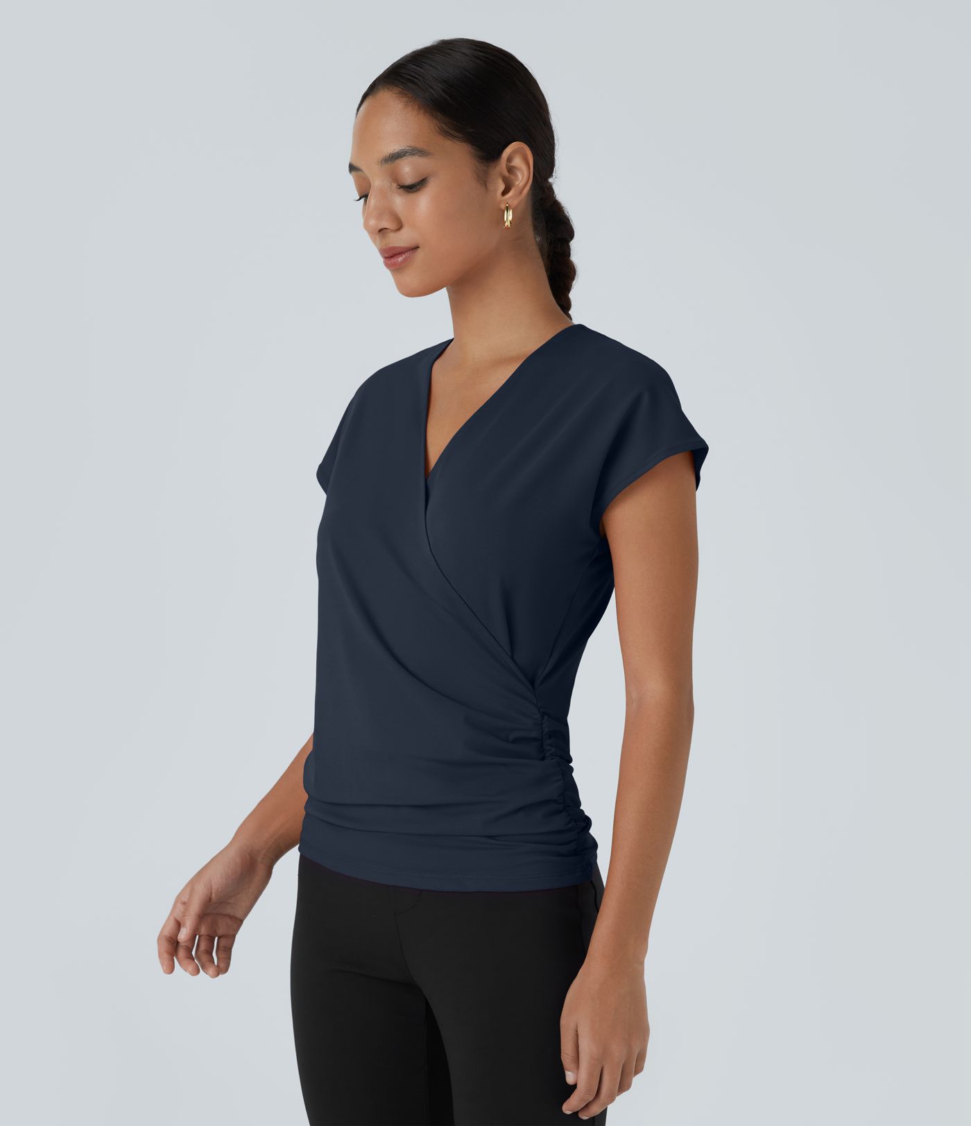 Blusa oficina sólida pliegue cruzado manga japonesa cuello V